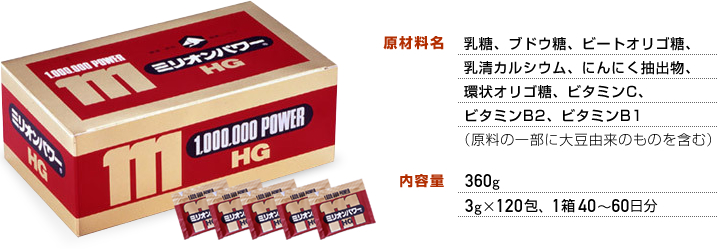 原材料名 乳糖、ブドウ糖、ビートオリゴ糖、
					乳清カルシウム、にんにく抽出物、環状オリゴ糖、ビタミンC、ビタミンB2、ビタミンB1（原料の一部に大豆由来のものを含む）
